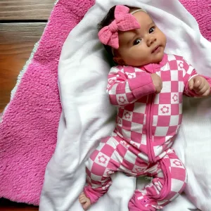 2-Way Convertible Zip Romper, Pink Flower Checkerboard