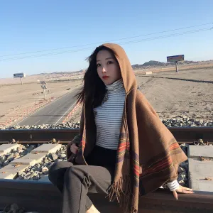 Women's Oversized Knitted Poncho Hooded Stripe